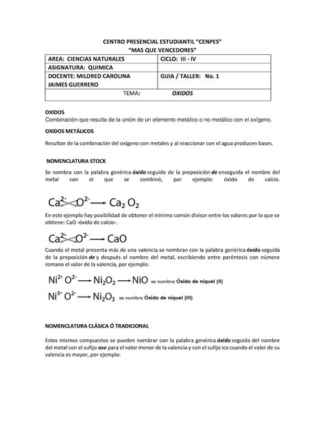 GUIA 3 Oxidos Ciclo IV NOMENCLATURA QUIMICA CENTRO PRESENCIAL