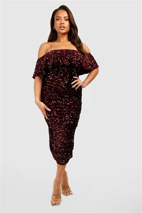 Womens Plus Sequin Off The Shoulder Midi Dress Boohoo Uk