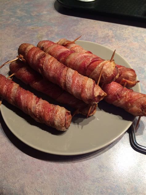 Bacon Wrapped Fried Dogs We Used My Oiless Fryer Fried Dog Bacon