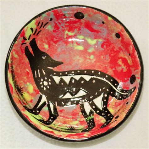 Holy Bowl With Coyote On Ruby MANA POTTERY