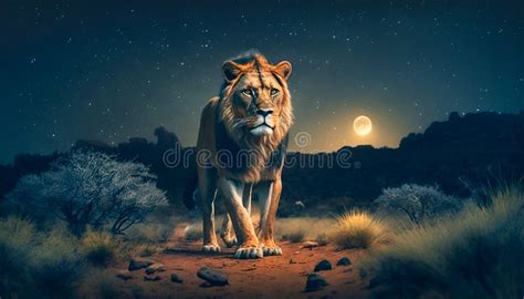 Lion in the Jungle at Night Portrait of Wild African Animals ...