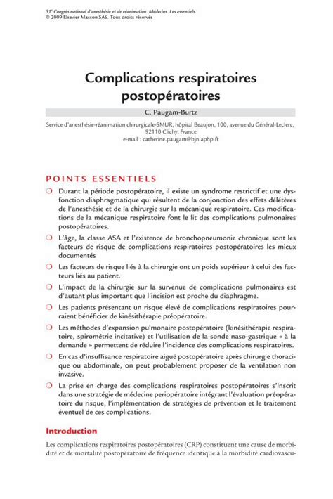 PDF Complications respiratoires postopératoires rition dun