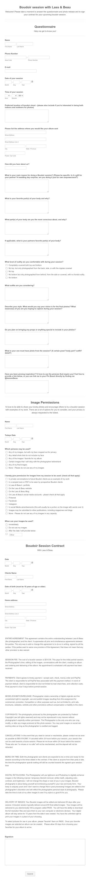 Photo Shoot Session Questionnaire And Release Form Template Jotform