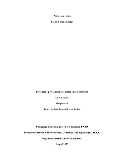 Proyecto de vida Etapa 4 area laboral Proyecto de vida Etapa 4 área