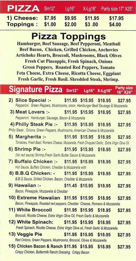 Menu at New York Pizza pizzeria, New York City, 37th Ave