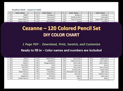 Cezanne Colored Pencil Set Diy Color Chart Swatch Etsy