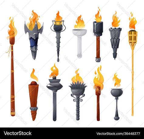 Medieval torches with burning fire set Royalty Free Vector