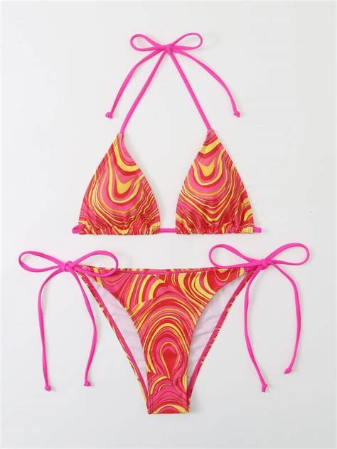 Fluid Pattern Bikini Set Halter Micro Triangle Bra Top Tie Side