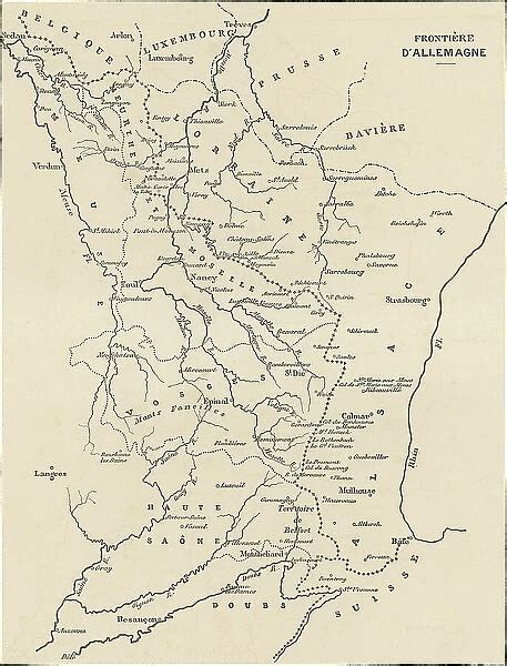 Old engraved illustration of France and Germany border map