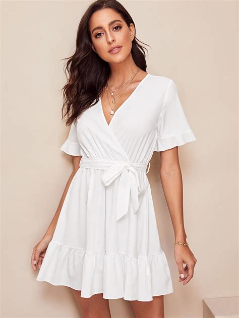 Surplice Wrap Belted Ruffle Hem Dress SHEIN SHEINSIDE Ruffle Hem