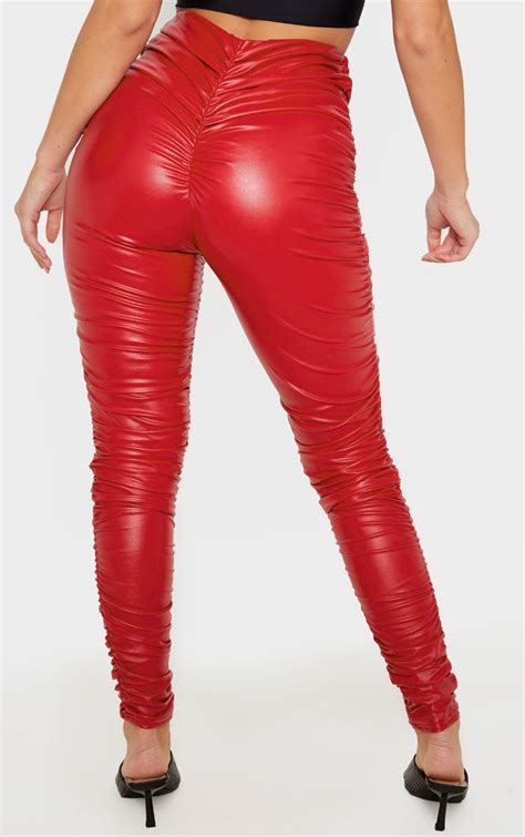 Red Faux Leather Ruched Legging Trousers Prettylittlething Usa