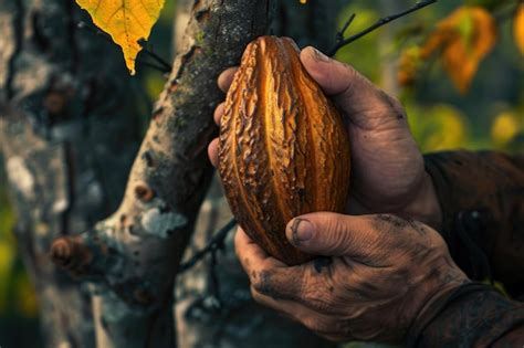 Cacao Fruit Fresh Cocoa Pod In Hands Cocoa Pod On Tree Premium AI