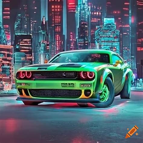 Neon Cityscape With A Green Dodge Demon Racing On Craiyon