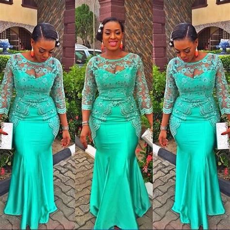 Turquoise African Mermaid Evening Dress 2017 Vintage Lace Nigeria Long Sleeve Prom Dresses Aso