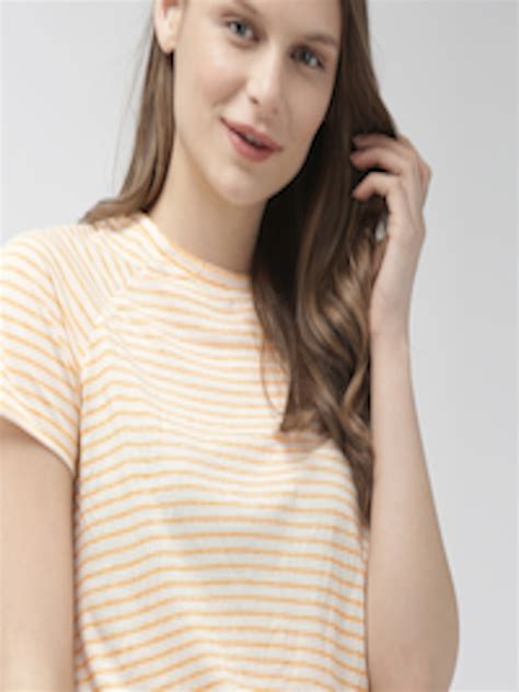 Buy Mast And Harbour Women Mustard Yellow And Off White Striped Round Neck