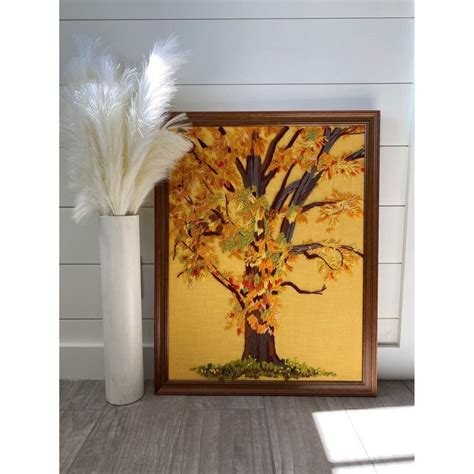 Vintage S Autumn Leaves Crewel Art Oversized In Wooden Frame