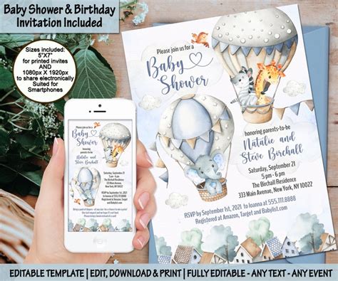 Hot Air Balloon Baby Shower Invitation Zebra Elephant Giraffe Etsy