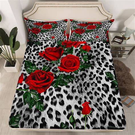 Yst Grey Cheetah Print Full Fitted Sheet Red Rose Flower Sheets