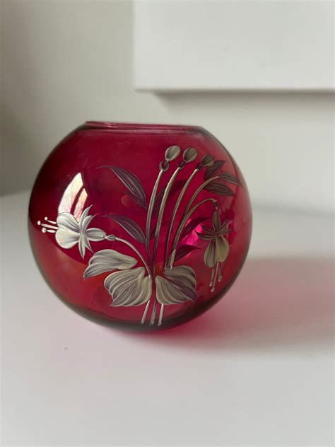 Vintage Etched Cranberry Glass Globe Vase Etsy