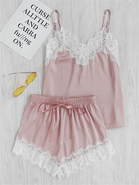 Shein Lace Trim Satin Cami And Shorts Pajama Set Fashion Clothes For