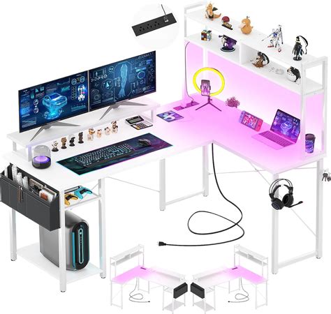 Aheaplus Small L Shaped Desk With Charging Port Led Strip Reversible