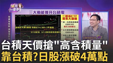 高含 積 量etf漲勢超越台積電 揭密股民為何瘋搶 台積電 引爆漲勢 日股衝破4萬點 漲幅全球第一│陳斐娟 主持│20240305｜關我什麼事 Feat 林昌興 Youtube