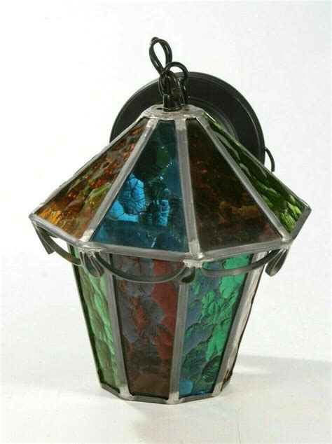 Vintage Mid Century Lantern Pendant Light Hanging Multi Color Stained Glass 10 In 2020