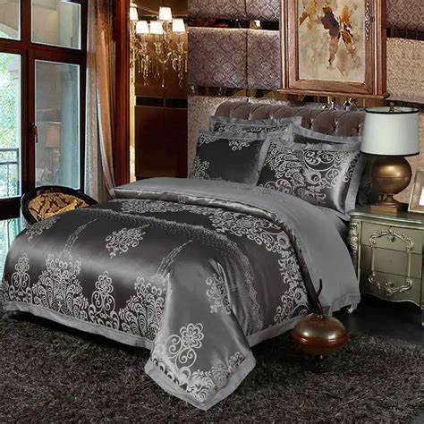 Grey Silk Satin Bedding Set Queen King Size Bed Set Cotton Bed Sheet