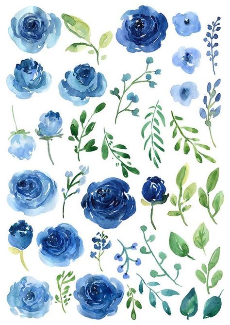 Acuarela Flores Clipart Azul Brillante Rosas Hojas Verdes Ramas Floral