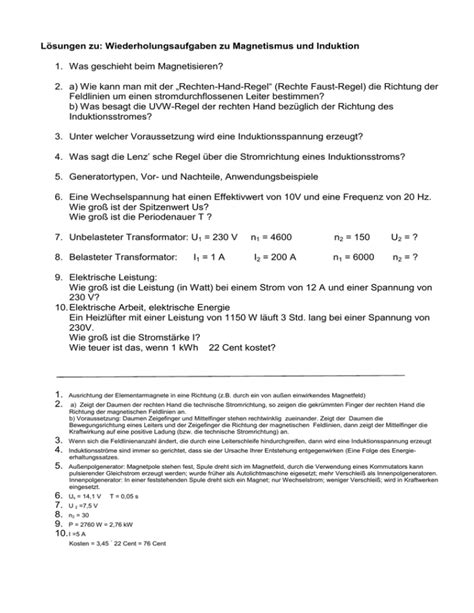 Physik Klasse 9 Wiederholungsaufgaben Zur Induktion 1 Mit