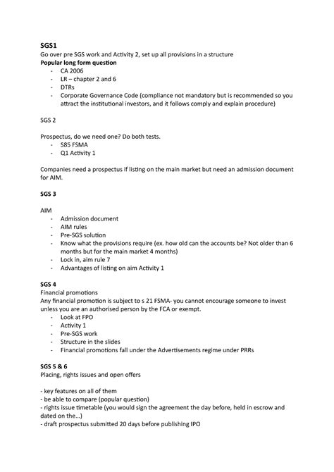 Corporate Finance Exam Revision SGS Go Over Pre SGS Work And Activity