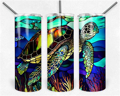 Stained Glass Beach Sea Turtle 20oz Skinny Tumbler Sublimation Etsy