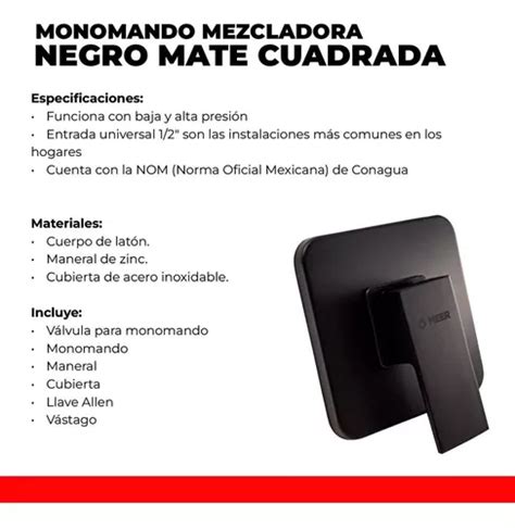 Mezcladora Monomando Para Regadera Cuadrado Negro Mate Ba O En Venta En