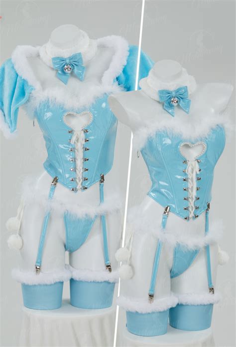 Women Sexy Lingerie Set Winter Blue White Furry Heart Hollow Top And Panty With Cloak Cosplay