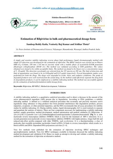 (PDF) Estimation of Rilpivirine in bulk and pharmaceutical dosage form