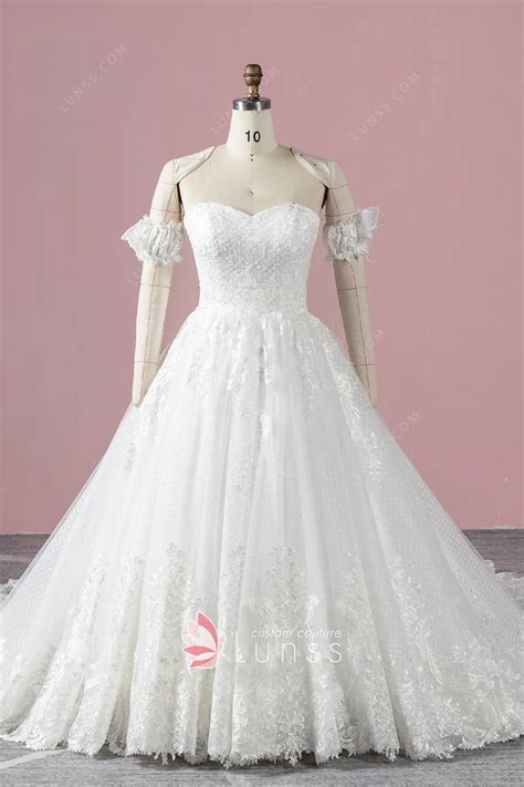 Sequined Grid Mesh Lace Princess Ball Gown Wedding Dress - Lunss