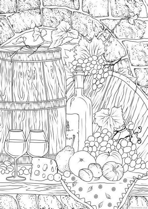 A Coloring Page With Wine And Fruit