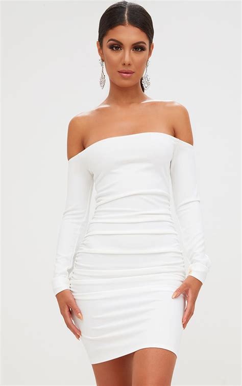 White Long Sleeve Ruched Bardot Bodycon Dress White Long Sleeve Dress