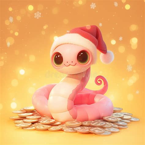 3D Cartoon Snake Wearing A Santa Hat And Surrounded By Gold Coins