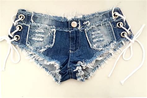 Women Tassel Ripped Side Lace Up Cut Out Ultra Low Waist Jeans Denim Shorts Hot Pants Booty