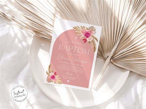 Pink Girls Boho Baptism Invitation Template Editable Arch Etsy