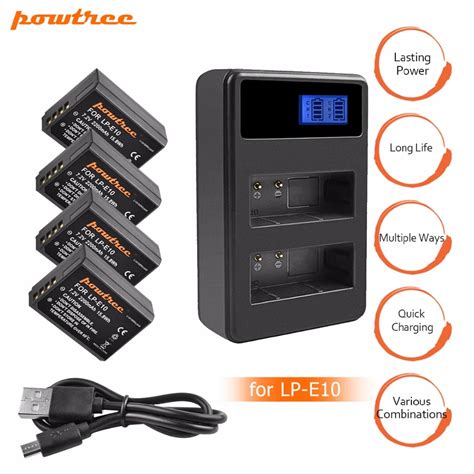 4PCS LP E10 LP E10 LPE10 Camera Batteries LCD USB Dual Charger For