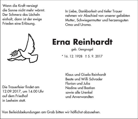 Traueranzeigen Von Erna Reinhardt Vrm Trauer De