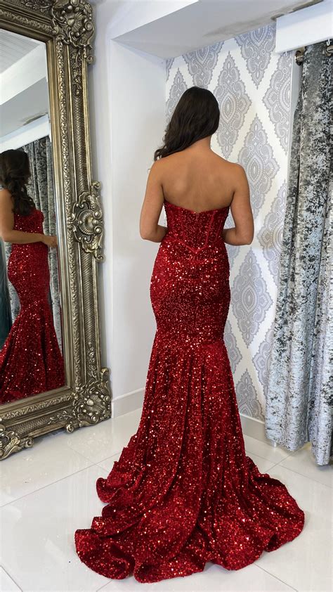 Red Sequin Corset Strapless Evening Gown Rosies Closet