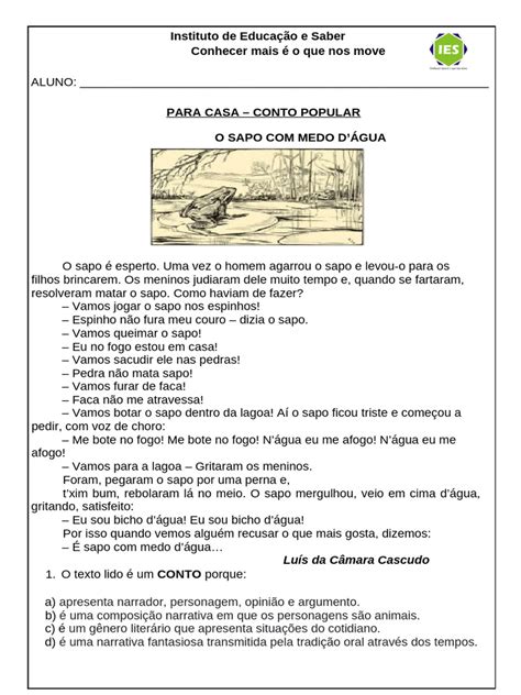 Conto Popular Com Interpretação E Gabarito - O Sapo com Medo d'Água: Conto Popular | PDF | Contos | Narrativa