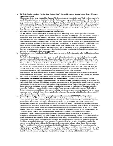 HI 364 Exam 2 Possible Questions - Did North Carolina experience “the