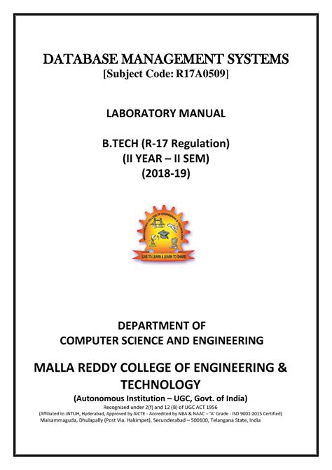 DBMS LAB Manual DATABASE MANAGEMENT SYSTEMS Subject Code R17A0509