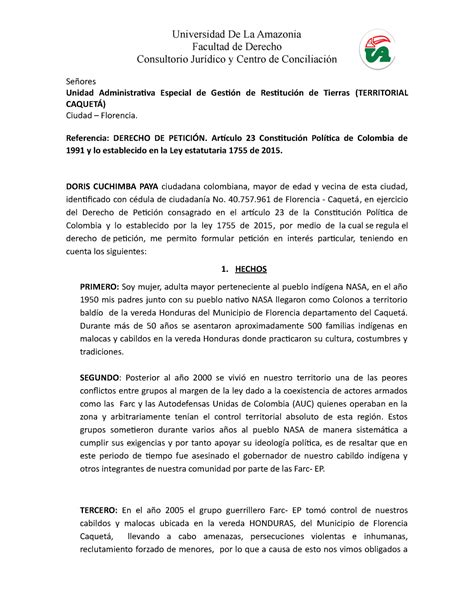 Solicitud Restitución De Tierras Facultad De Derecho Consultorio