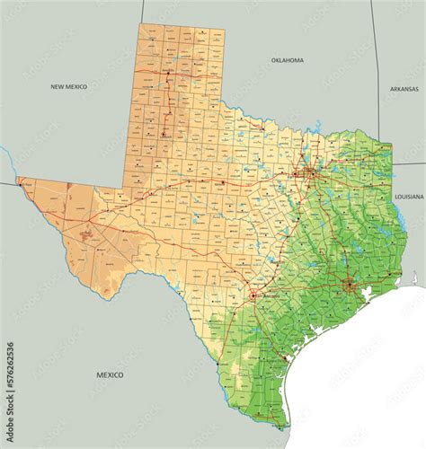 High Detailed Texas Physical Map With Labeling Stock Vector Adobe Stock