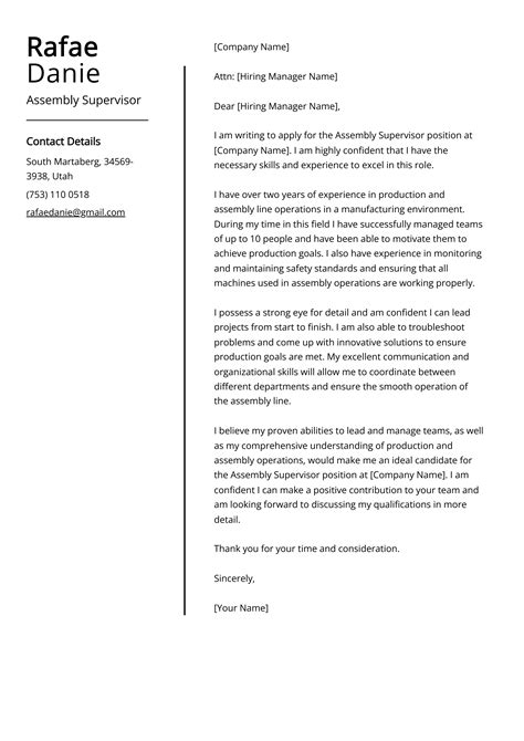 Assembly Supervisor Cover Letter Example For